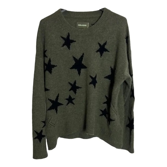 ZADIG & VOLTAIRE 100% Cashmere Markus Stars Sweater Khaki Green Thumb Holes SM - Picture 1 of 7